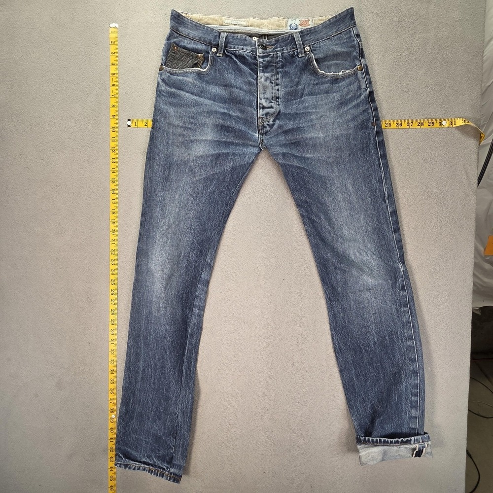 Selvedge Jeans Mens Medium Blue Straight Whiskers Honeycomb Back Flap Fits 34x34